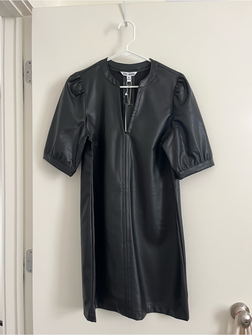 Black Vegan Leather Puff-Sleeve mini dress
